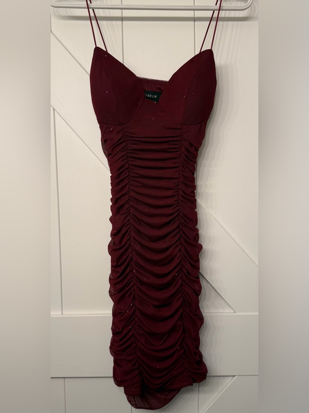 B Darlin Burgundy Ruched Midi Dress with Spaghetti Straps